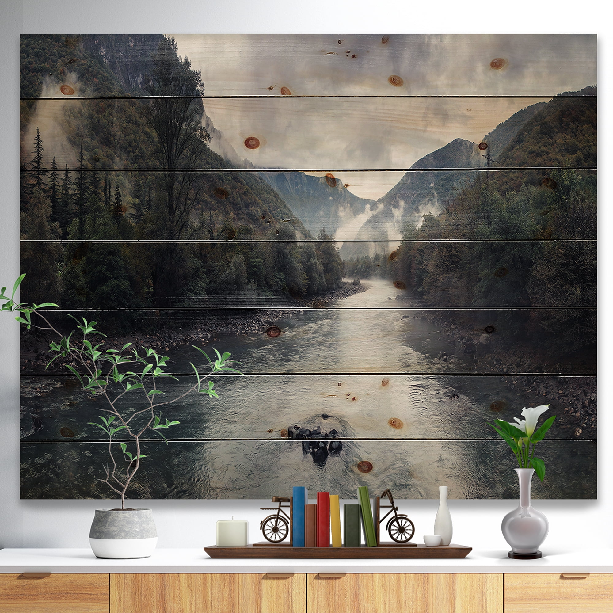 Designart 'Mountain River with Fog and Rain' Modern Seascape Print on Natural Pine Wood