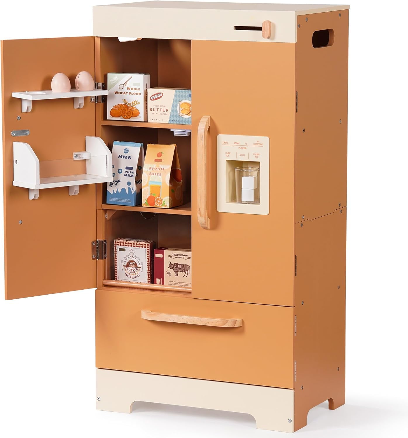 Robud Play Kitchen for Toddlers,Fridge Refrigerator with Ice Dispenser,Wooden Kids Play Kitchen Playset Toy,Gift for Ages 3+,Caramel