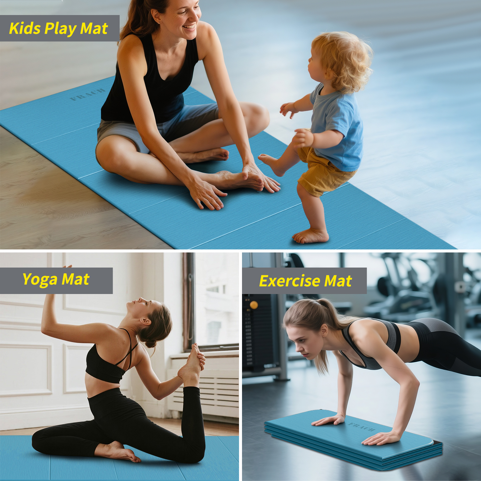 Frach Wide Foldable Yoga Mat - Extra Large 75"x32" Quick-Fold & Versatile Use Non-Slip TPE for Workout & Home Gym (Blue+Black)