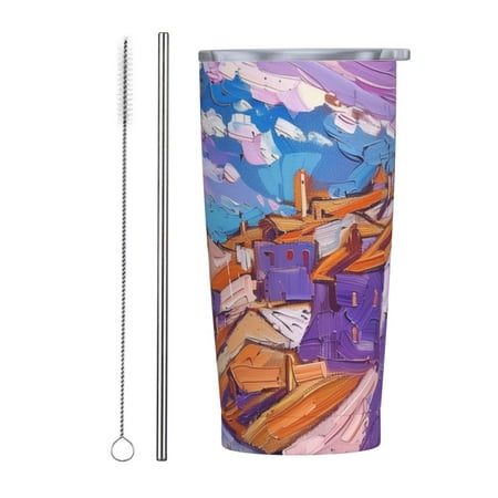 

: Impressionistic Cityscape in Non-Traditional Colors 20 oz stainless steel cup with lid and straw double layered vacuum coffee cup ice and hot drink travel cup car travel insulated cup