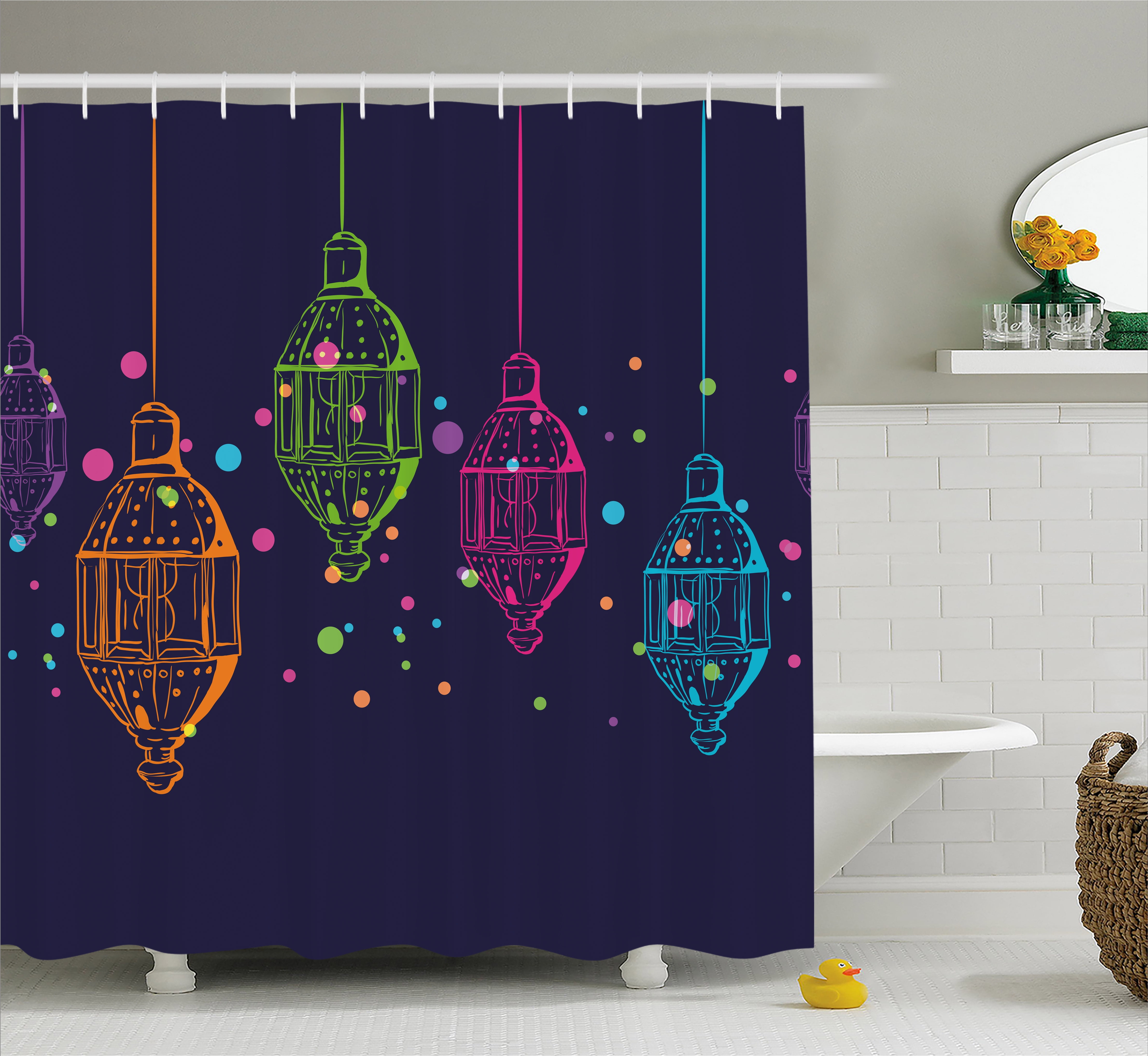 Lantern Shower Curtain, Candles in Night Sketch in Various Colors with