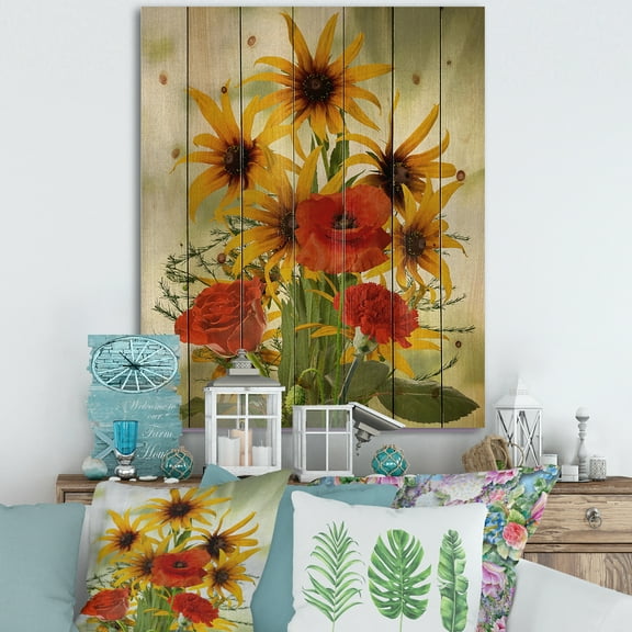Designart 'Poppies and Sunflowers In The Wild' Traditional Print on Natural Pine Wood