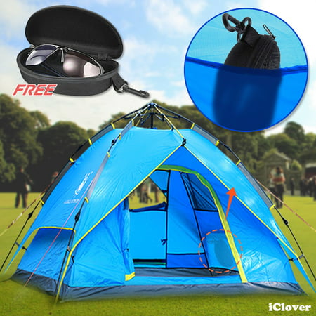 3/4 Person Waterproof Camping Tents + Free Sunglasses Case,IClover [2 Doors] Easy Pop Up  Hydraulic Automatic Family Beach Dome Tent UV Protection with Carry Bag for Hiking Picnic