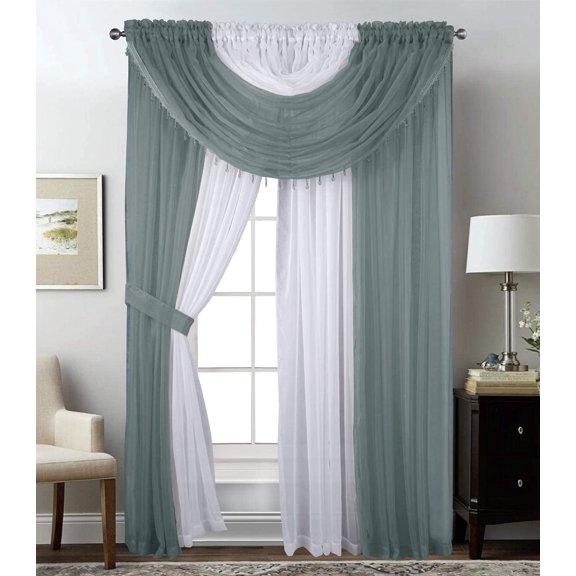 Sapphire Home Complete Window Sheer Curtain Panel Set with 4 Attached Panels 55x63 Each and 2 Valances with Beads and 2 Tiebacks - Easy Installation- Multicolor 63" Gray