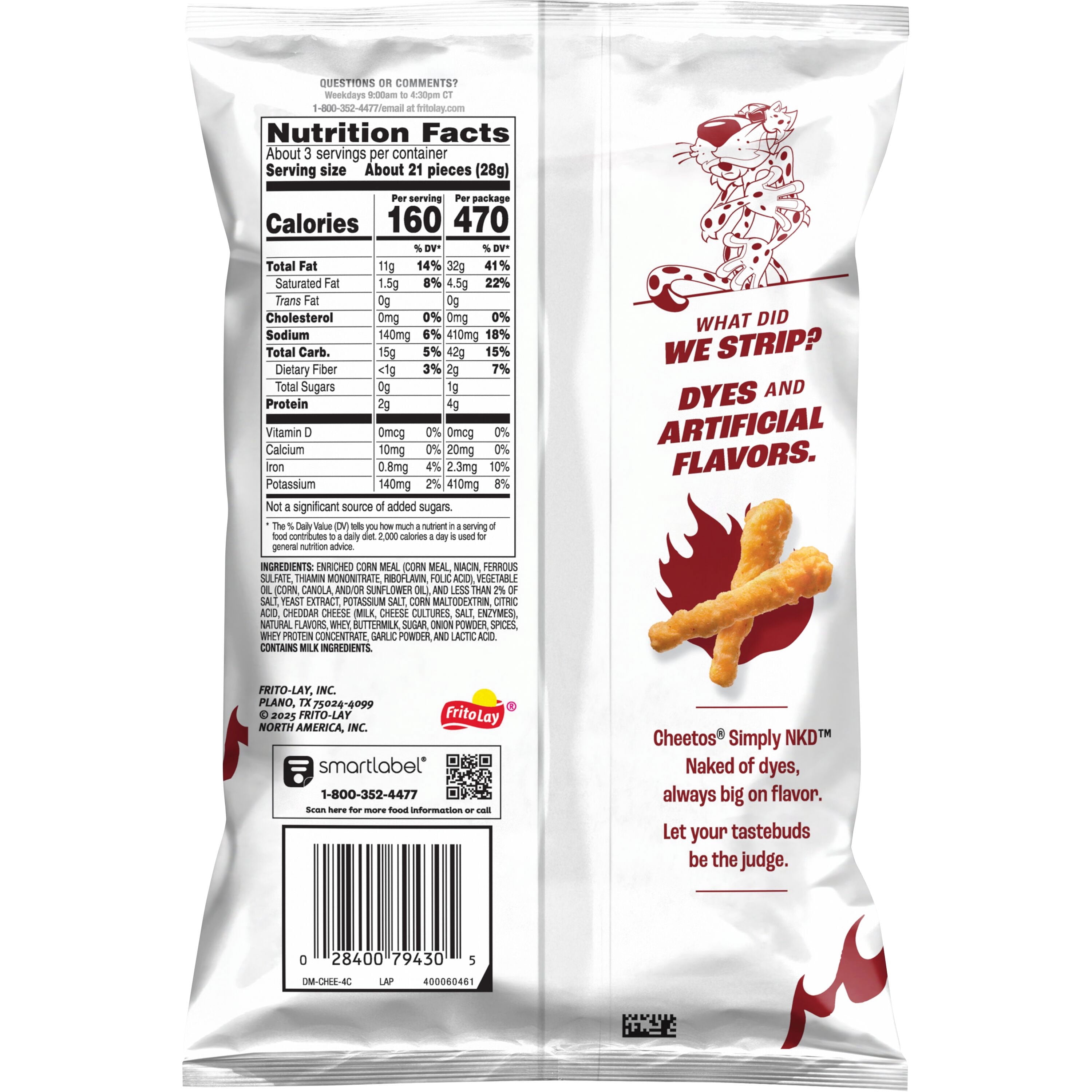 Cheetos Simply NKD No Dyes No Artificial Flavors Crunchy Flamin’ Hot Cheese Flavored Snacks Bag, 2.875 oz