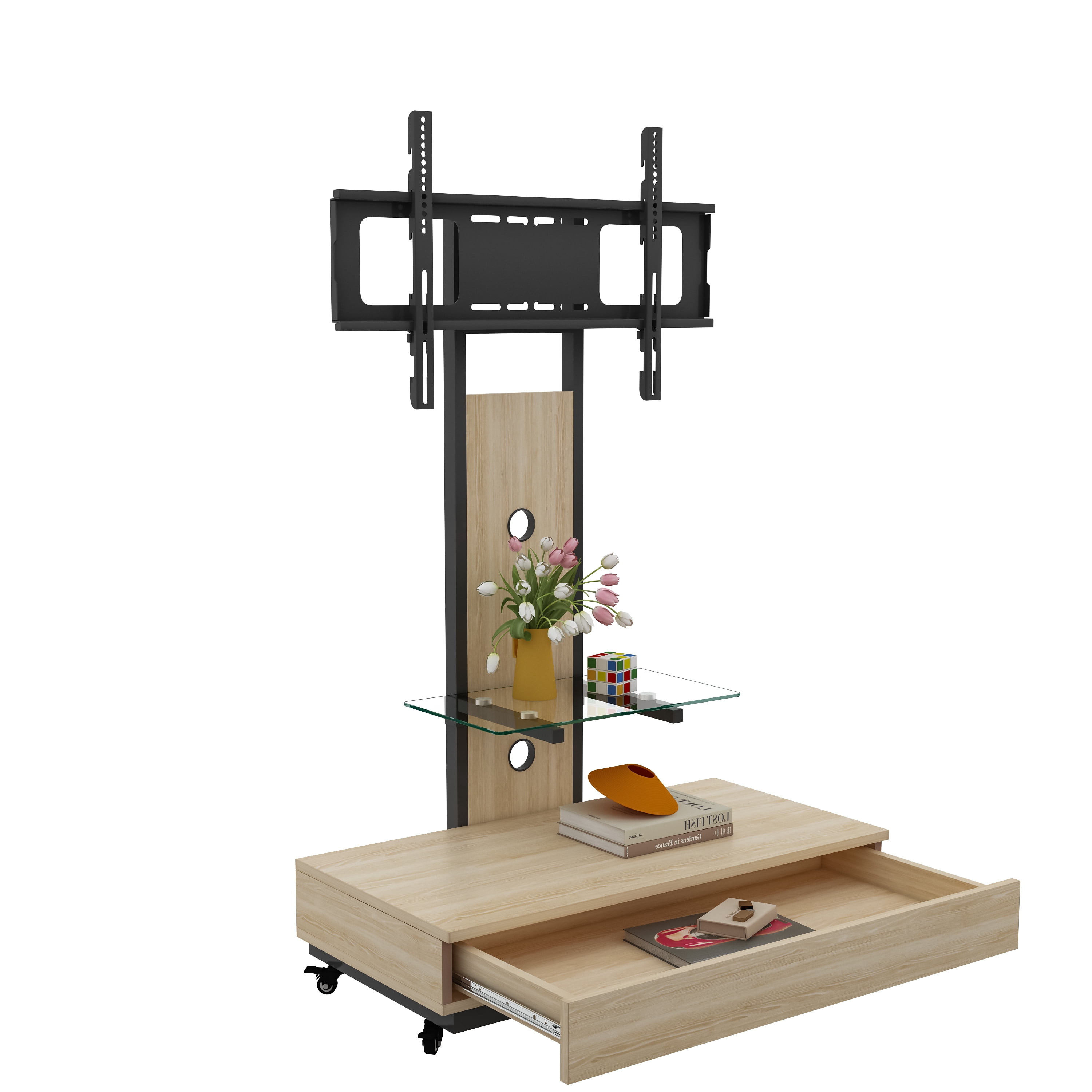 Homy Casa Mobile TV Stand for 32-75 Inch TVs with Wheels, Swivel Adjustable Height Glass Shelf and Storage Drawer