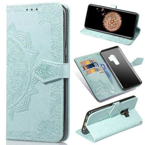 Galaxy S9 Plus Wallet Cases and Covers, Allytech Slim Premium PU Flip Stand Cover Mandala Embossed Full Body Protection with Card Holder Magnetic Closure for Samsung Galaxy S9 Plus, Green
