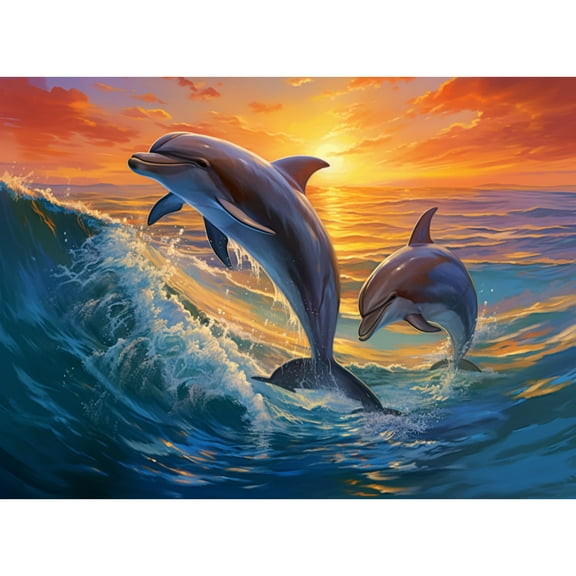 Two Dolphins Jump out Sea Sunset DIY 5D Diamond Art Painting by Number Kits for Adults Paint with Round Full Drill Diamond Gems Painting Art Craft for Home Wall Decor 11.8x15.8in