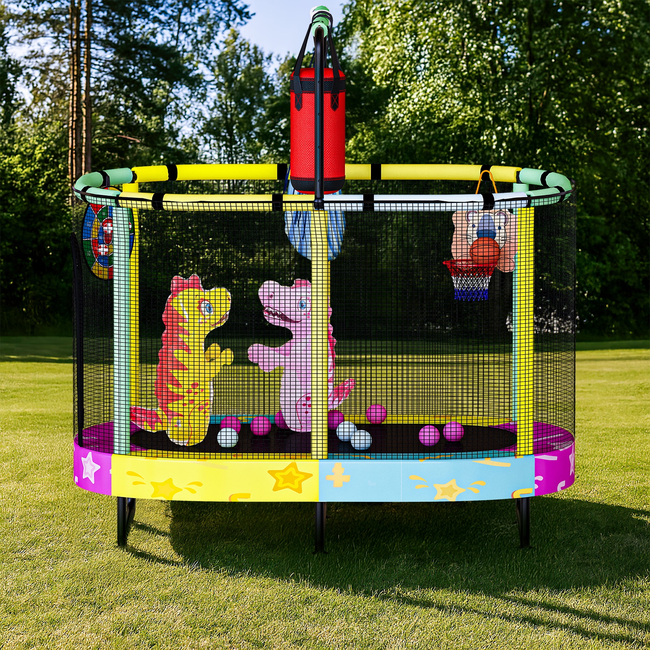 MOOSENG Elliptic Kids Trampoline, Bouncing Trampoline with Safety Enclosure Net, Adjustable Height Handrail, 500lbs Capacity, Designs for Boys & Girls, 7-in-1, 55” (Colorful Star）