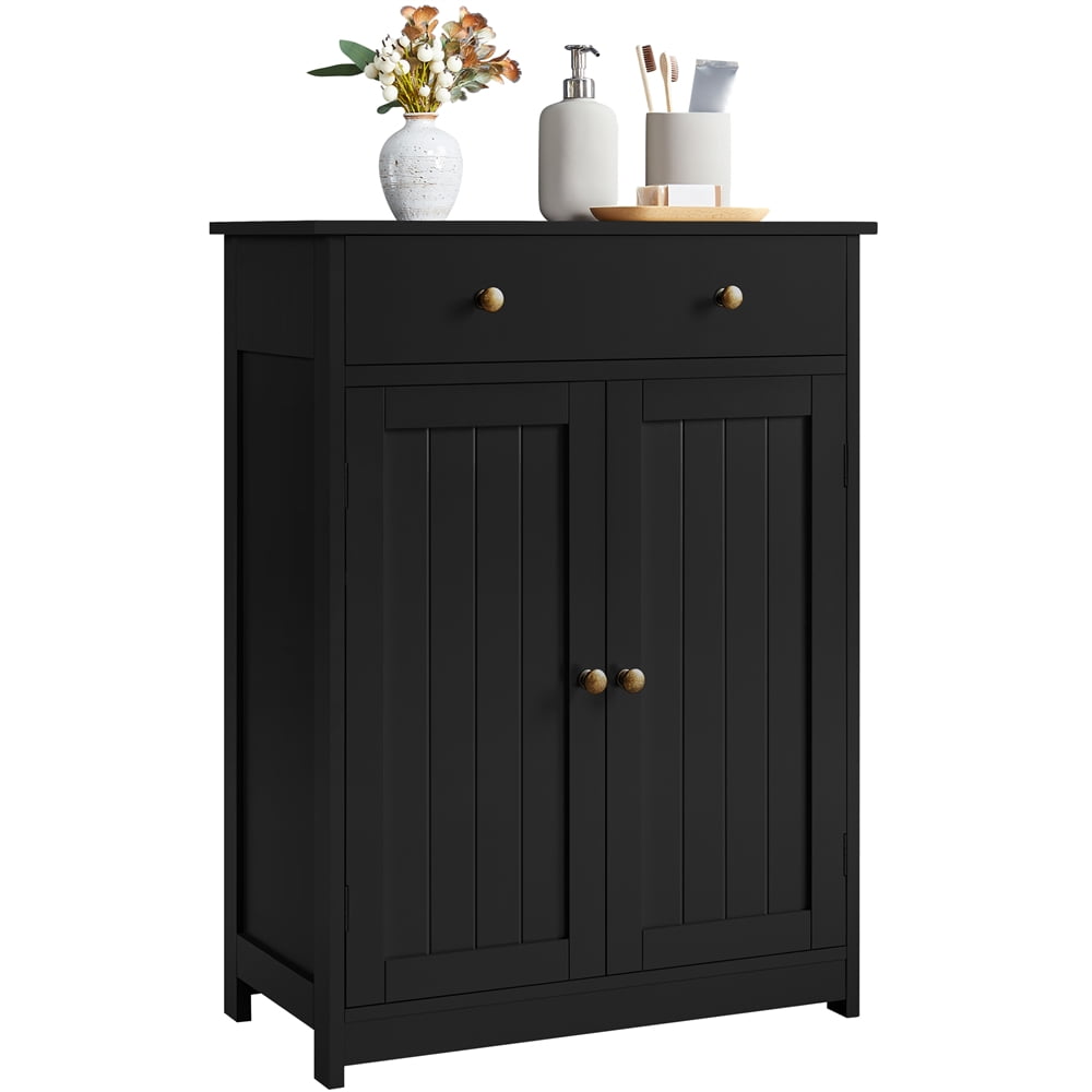 Yaheetech Modern Wooden Bathroom Floor Cabinet with Large Drawer & Double Doors, Black