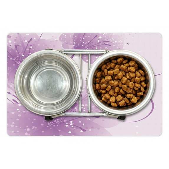 Purple Pet Mat for Food and Water, Abstract Art Style Vector Illustration of Flower Background with Butterfly, Non-Slip Rubber Mat for Dogs and Cats, 18" X 12", by Ambesonne