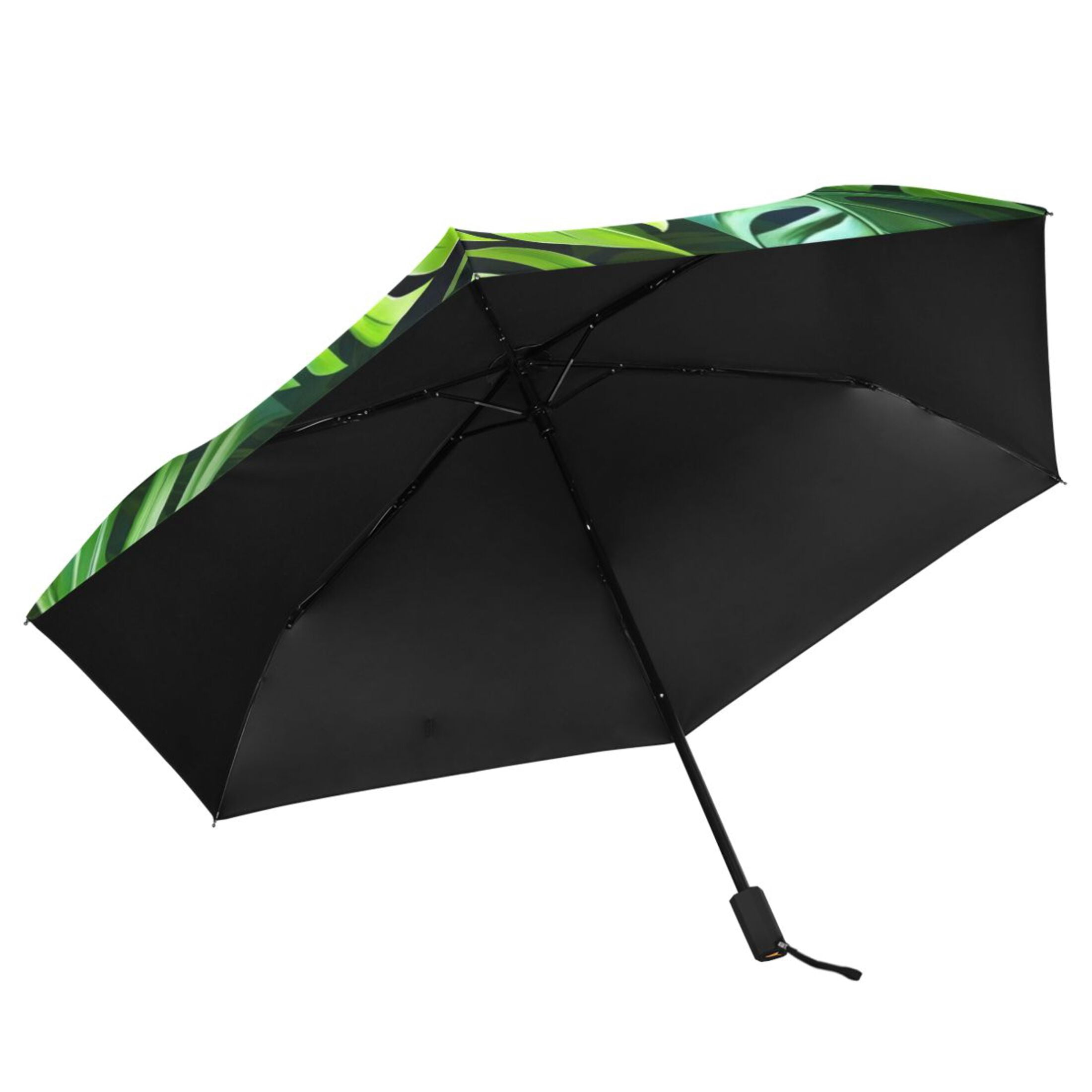 Green Tropical Leaves All Weather Umbrella Triple Folding Parasol 6 Ribs UV Protection Portable