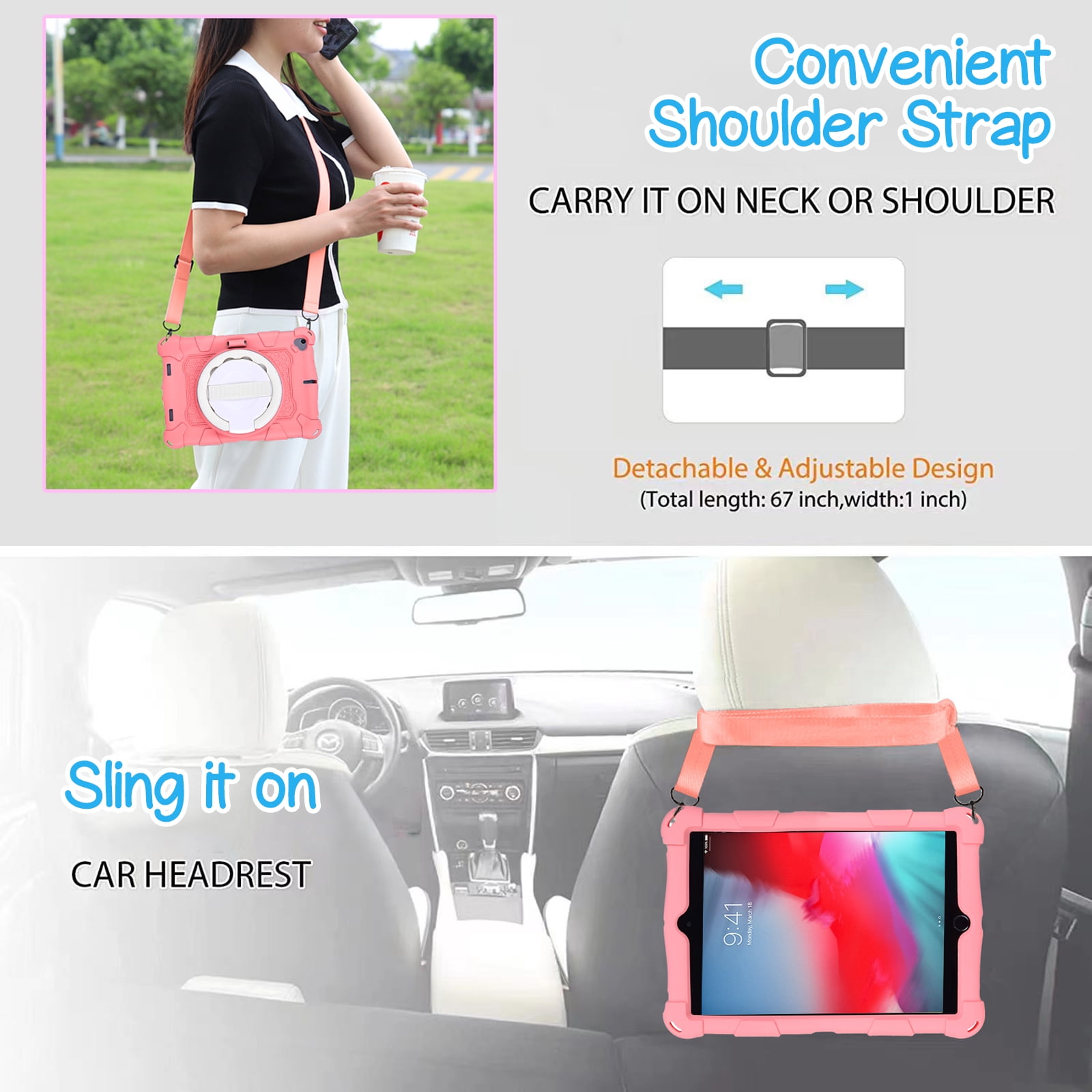 For iPad 6th 5th Generation Case, Soft Silicone Drop Protection Rotating Kickstand with Shoulder Strap Pencil Holder Kids Friendly Lightweight Case for iPad Air 1 2/ iPad 9.7" 2018/2017, Pink