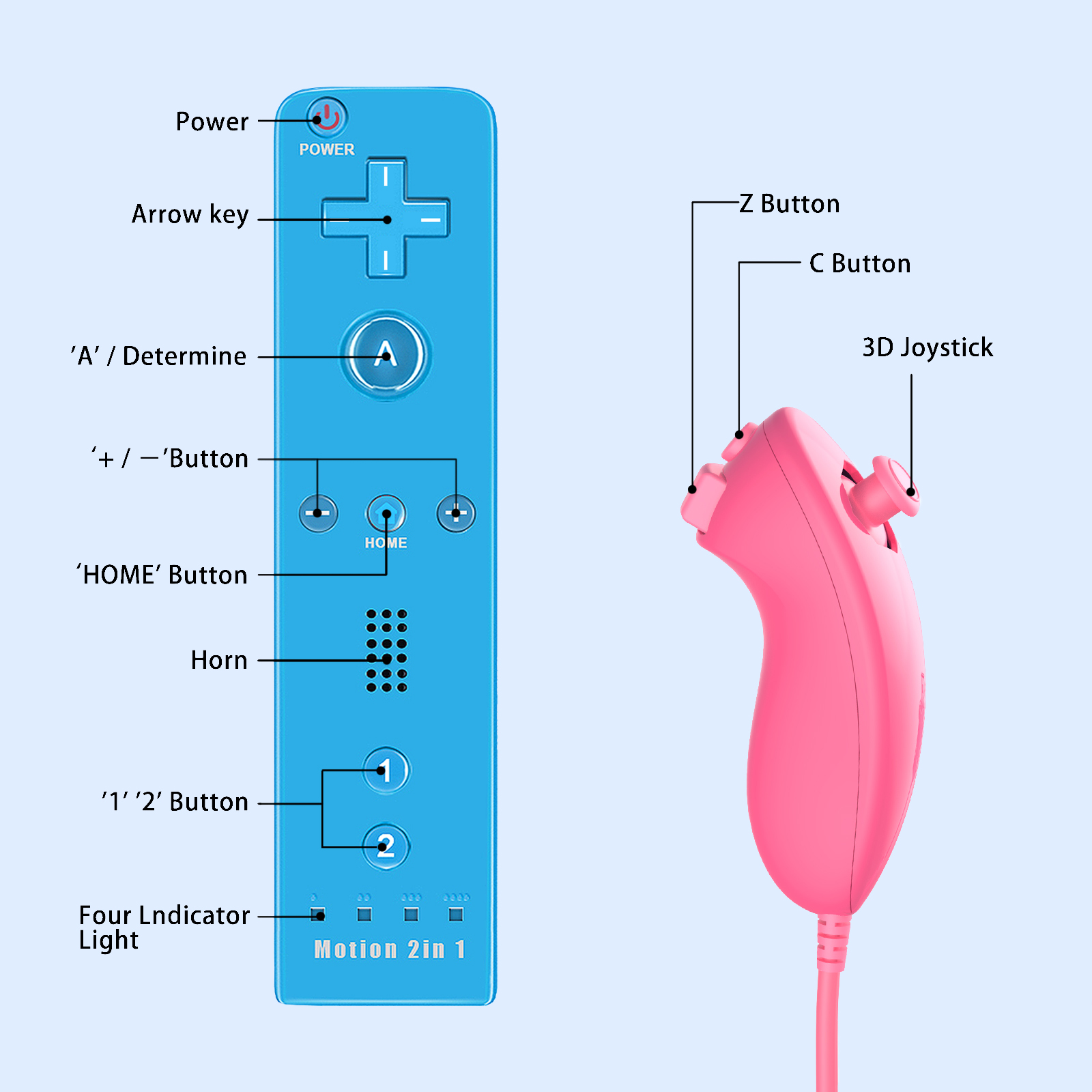 Powtree 2 Pack Wii Controller for Nintendo Wii, Wii Remote with Silicone Case and Strap Compatible with Nintendo Wii/Wii U/Wii Mini (Blue and Pink)