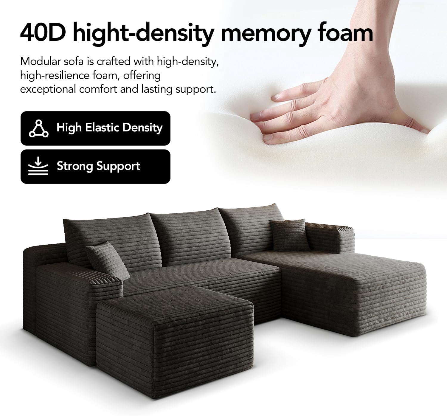 103" Cloud Sectional Sofa, Modern L Shaped Deep Seat Couch, Plush Corduroy Upholstered Sofa No Assembly, Living Room