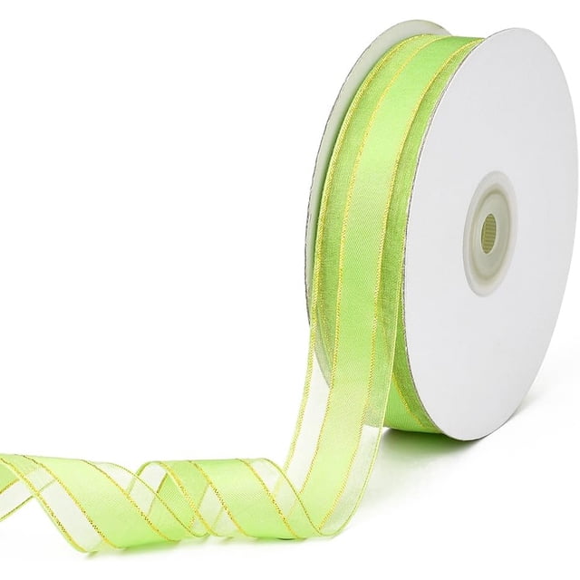 Cinta de organza verde transparente de 50 yardas y 1 pulgada de ancho, de gasa a rayas, de malla transparente, con borde dorado metálico, a granel.