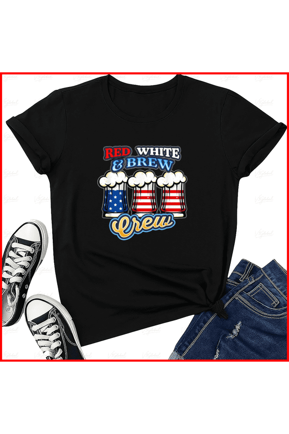 Red White and Brew Crew T Shirt Funny July 4th Party USA Flag Top Unisex T-Shirt, S-5XL
