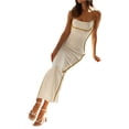 thumbnail image 6 of Women's Summer Long Fitted Dress Sleeveless Contrast Color Split Hem Spaghetti Strap Dress, 6 of 9