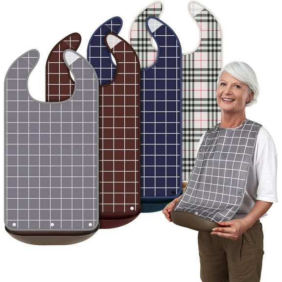 4 Pack Adult Bibs for Eating Waterproof Clothing Protector with Detachable Crumb Catcher Adult Bibs for Women and Men