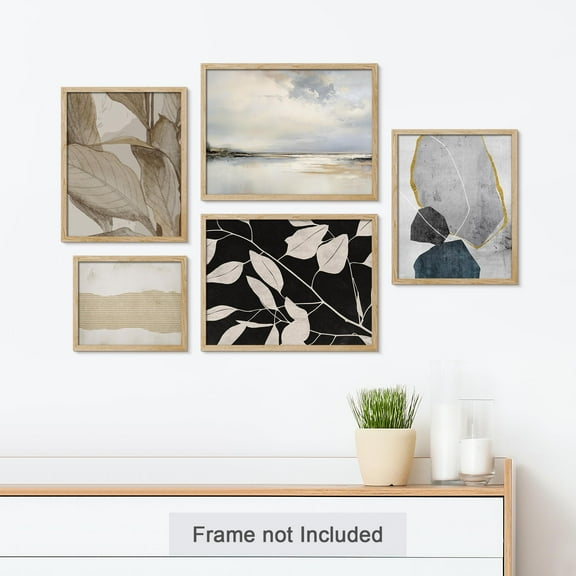 PixonSign Adhesive Canvas Print Wall Art Set - Grunge Pastel Paint Stroke Landscape Poster Art - Geometric Print Gallery Set of 5 Leaves Illustrations Digital Art Wall Décor for Home - Unframed