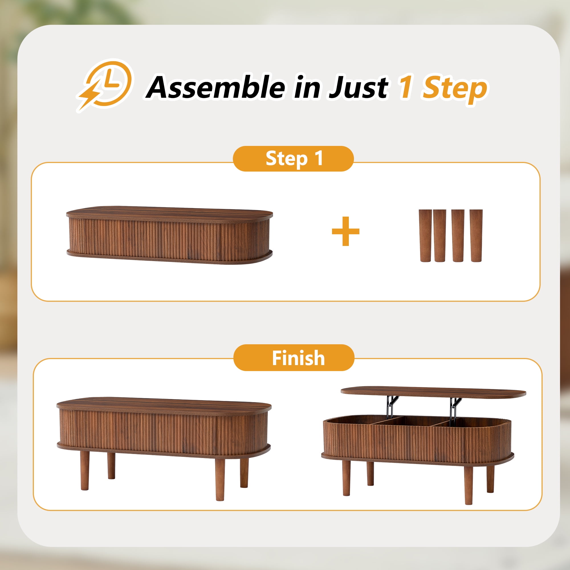 PHOYAL Wood Lift Top Coffee Table with Storage, Fluted Oval Coffee Table with Hidden Compartments for Living Room, Walnut