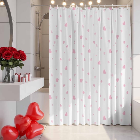 Valentine's Day Shower Curtain, 72" x 84", Modern Romantic Simple Pink Love Heart Waterproof Bathroom Curtain Washable Shower Curtain Set with 12 Hooks