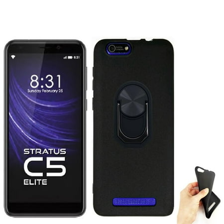 Phone Case for Cloud Mobile Stratus C5 Elite / C5 with Phone Stand, Flexible Gel Case (Gel Black +2in1 Ring)