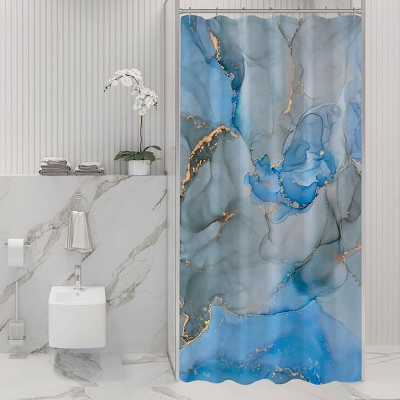 Abstract Marble Shower Curtain, Blue Grey Fabric Shower Curtain for Bathroom, Modern Ink Art Decor Waterproof Shower Curtain Set with Hooks, 71x71