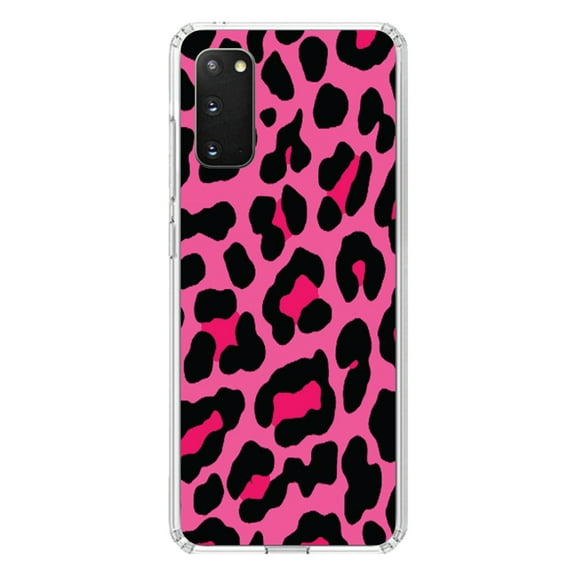 DistinctInk Clear Shockproof Hybrid Case for Galaxy S20 PLUS / 5G (6.7" Screen) - TPU Bumper, Acrylic Back, Tempered Glass Screen Protector - Hot Pink Black Leopard Skin Spots