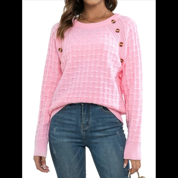 Suéteres de Punto Casuales para Mujer, Jerseys de Larga con Cuello Redondo Rosa S