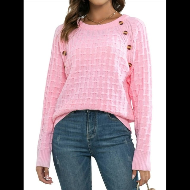 Suéteres de Punto Casuales para Mujer, Jerseys de Larga con Cuello Redondo Rosa L