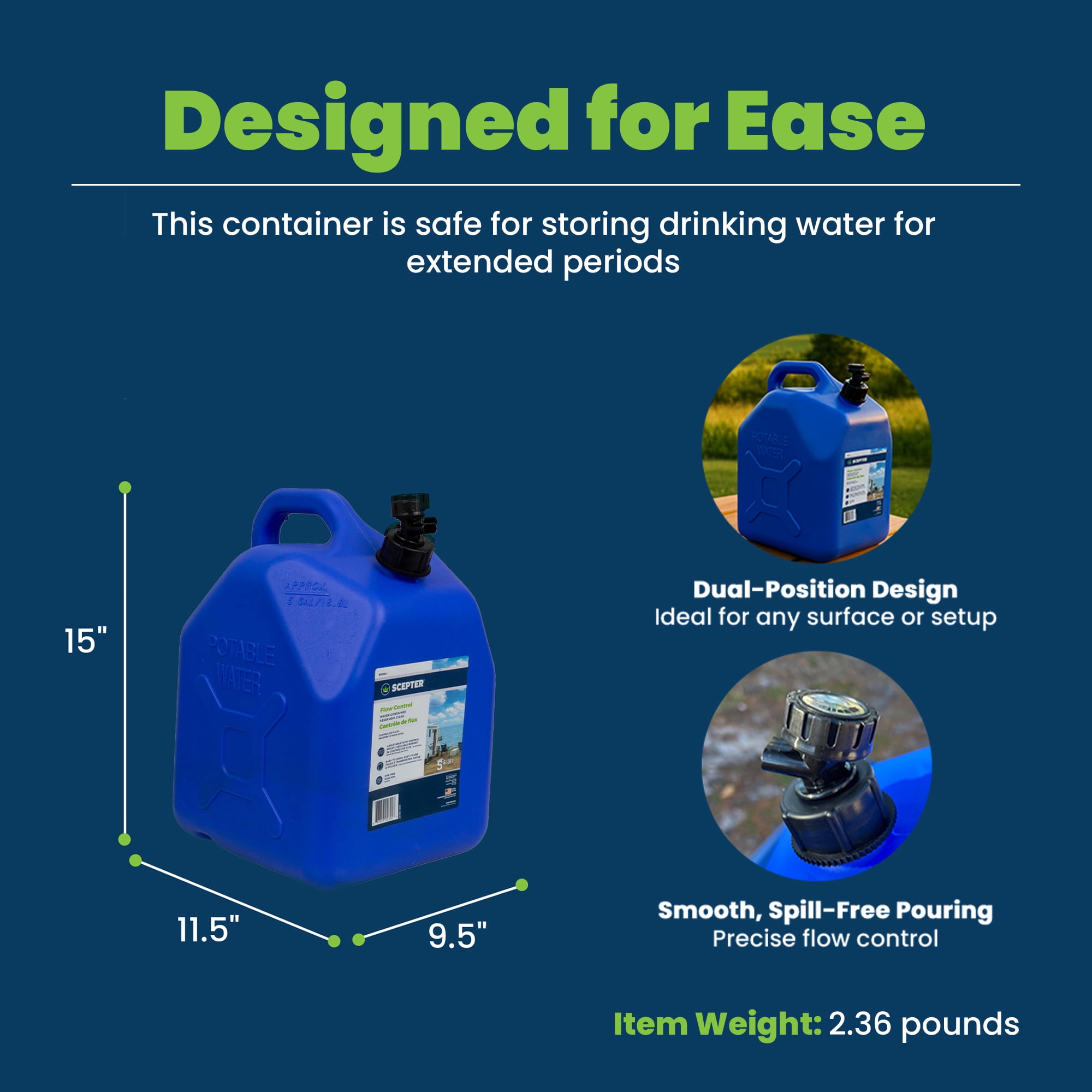 Scepter 5 Gallon Leak Proof Water Jug Storage Container and Handle, Spigot, Blue, 4 Pack