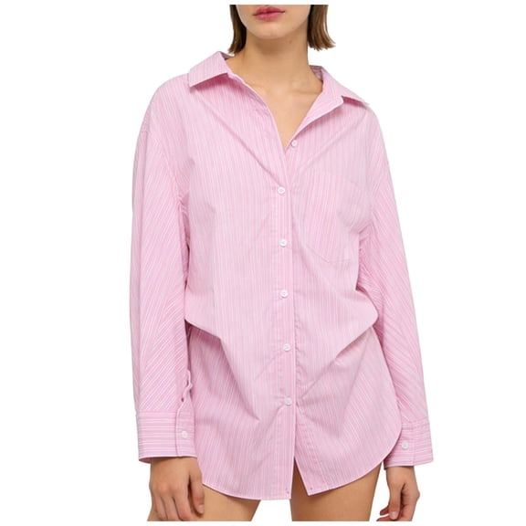 Craaazy Women's Lapel Striped Long Sleeve Button Down Shirts Gifts