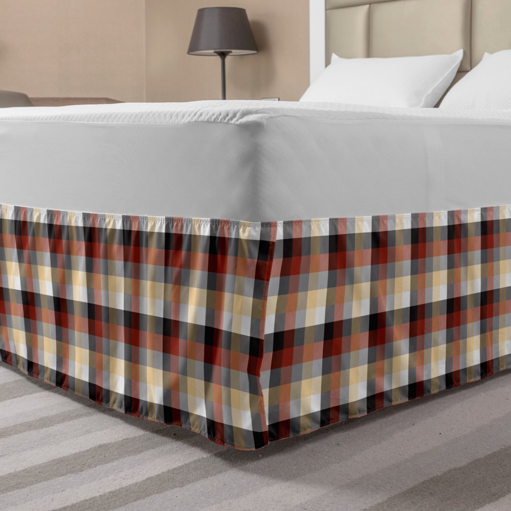 Plaid Bed Skirt, Checkered Squares Pattern with Colorful Quilt Design