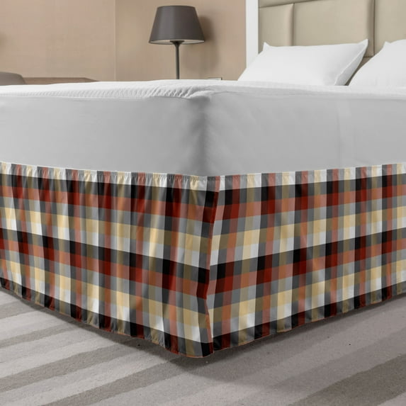 Plaid Bed Skirt, Checkered Squares Pattern with Colorful Quilt Design Abstract Geometric Arrangement, Elastic Bedskirt Dust Ruffle Wrap Around for Bedding Decor, 4 Sizes, Multicolor, by Ambesonne