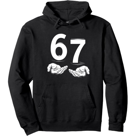 Unisex 67 Number Graphic Hoodie - Black Pullover Sweatshirt with Hands Print for Men & Women