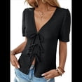 thumbnail image 1 of Tops de Crochet para Mujer, Conjuntos de Vacaciones de Verano, Moda Playera 2025, Ropa Casual , Blusas de con Lazo Delantero. Negro XL, 1 of 10