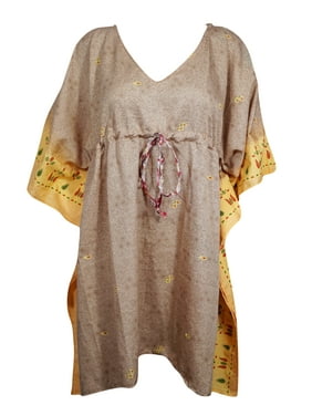 Women Midi Caftan Dress Recycled Sari Beige Floral Printed Summer Kaftan Beach Dresses XL