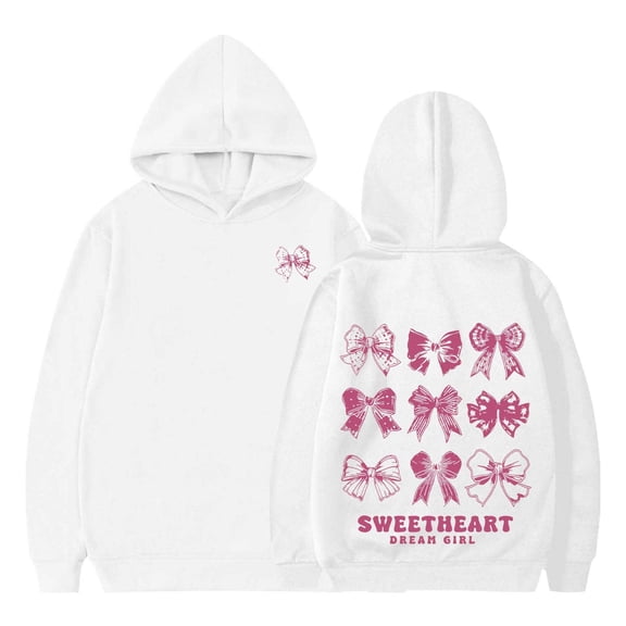 Telankuip Girls Pink Bow Graphic Hoodies Loose Fit Long Sleeve Comfortable Cute Preppy Hooded Sweatshirts Lightweight Soft Pullover Tops for Teens White 90