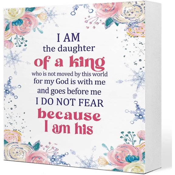 Wooden Box 5x5 Inch I Am The Daughter Of A King Bible Verse Wooden Sign Desk Decor,Christian Baptism Wood Block Sign Desk Decorations For Christian Home Bedroom Girls Room Nursery Shelf Table Decor