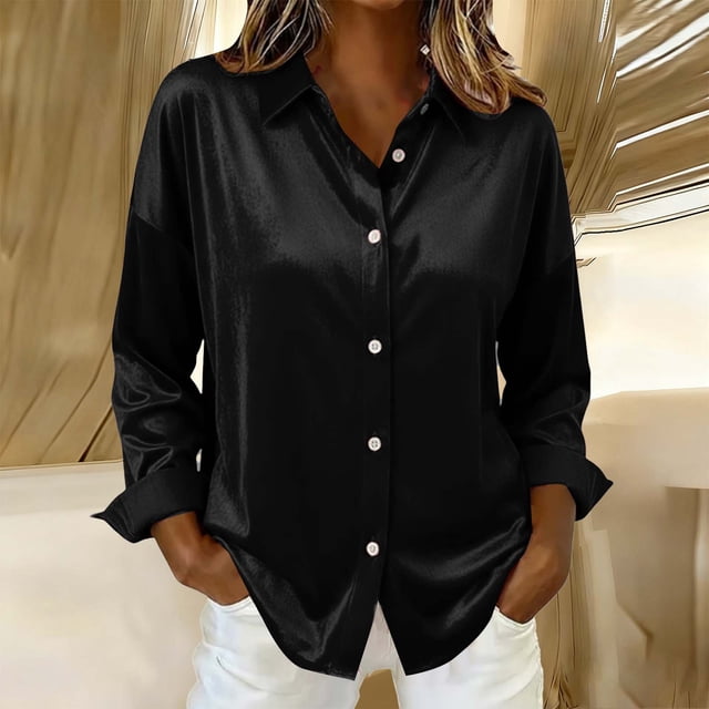 Ounisa Satin Blouses for Women Casual Long Sleeve Button Down Silk Shirts Dressy Business Work Tunic Top Clothes