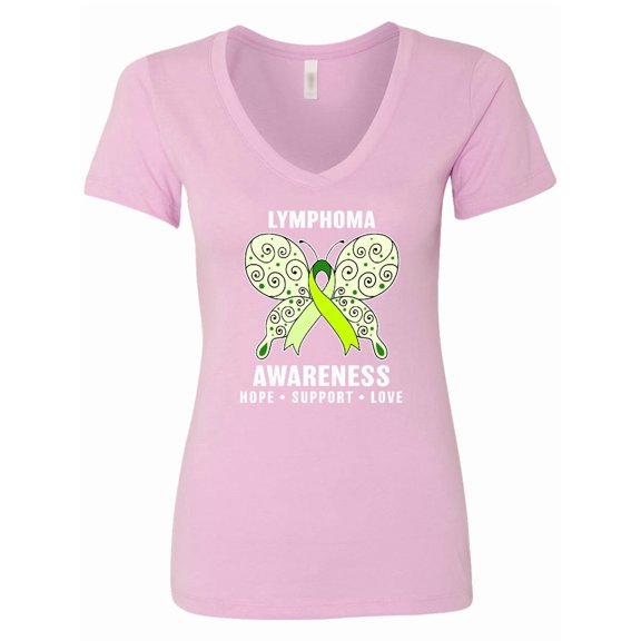 Inktastic Lymphoma Awareness Hope Support and Love Women's V-Neck T-Shirt