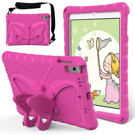 iPad 7 8 10.2 Kids Case iPad 9 10.2 3D CuteButterfly Case for Kids Light Weight EVA Stand Shockproof Rugged Heavy DutyKids Friendly iPad Cover for Girl iPad 7th 8th 9th Generation, Rose Red