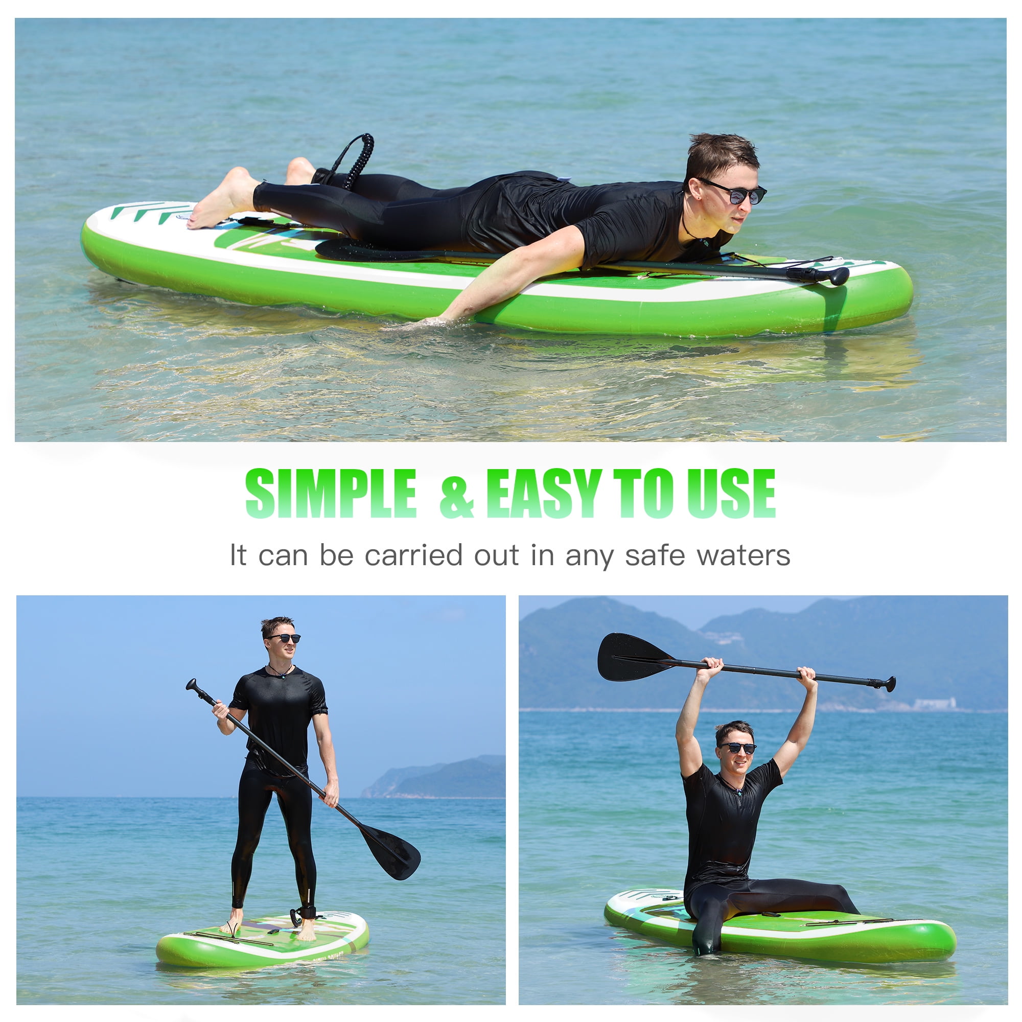Famistar Inflatable SUP Paddle Board, 144"Lx32"Wx6"THK, w/ 3 Removable Fins, Adjustable Paddle, Pump with PSI Gauge, Carrying Backpack & Repair Kit