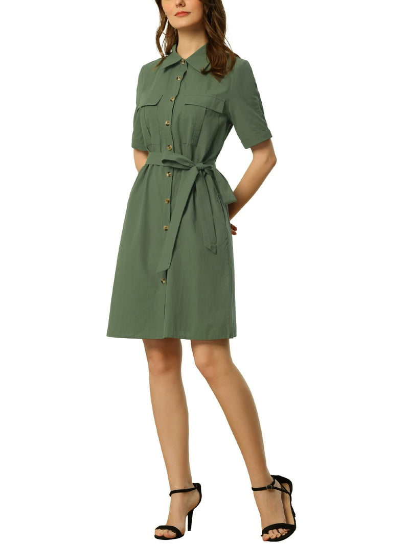 Allegra K Women's Collared Short Sleeve Safari Pocket Belt Button Up Shirt Dress, Size: XL, Green