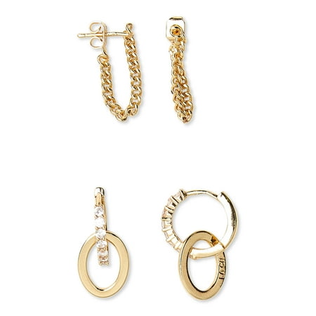 Scoop14KT Gold Flash-Plated Chain and Crystal-Link Hoop Earring Set, 2-Piece