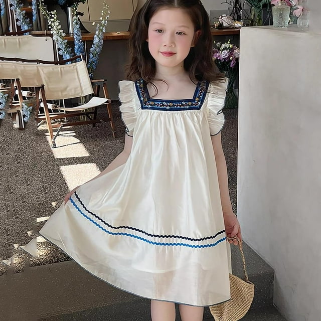 JDQJBZ Robe à Manches Courtes pour Filles Imprimé Floral Ourlet à Volants Tenue Décontractée d'Été