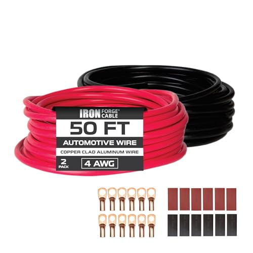 Iron Forge Cable 4 Gauge Wire - 2 Pack 50ft Copper Clad Aluminum Primary Cable 4 AWG Heavy Duty with Wire Lug Terminal Connectors and Heat Shrink Tube