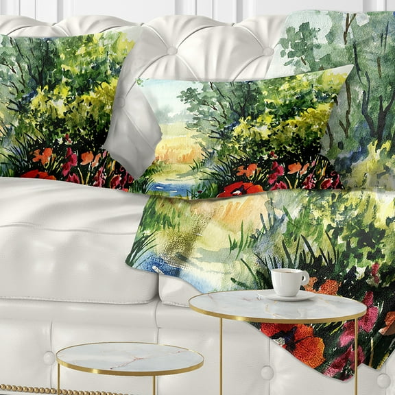 Designart Watercolor Landscape with Flowers - Landscape Printed Throw Pillow - 12x20