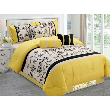 7 Pc Flocking Floral Garden Striped Comforter Set Yellow Black
